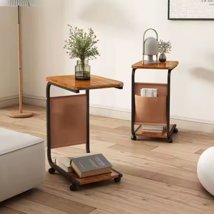 Masa de Cafea Mobila cu Roti - 2 Blaturi din Lemn si Buzunar Lateral