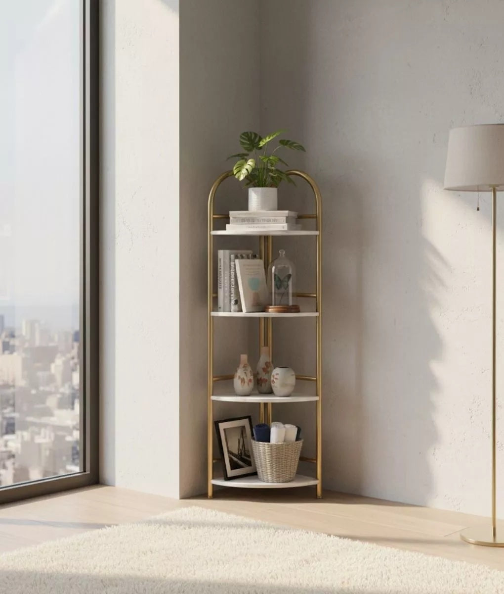 Raft decorativ de colt cu 4 rafturi - Design auriu cu efect marmura premium
