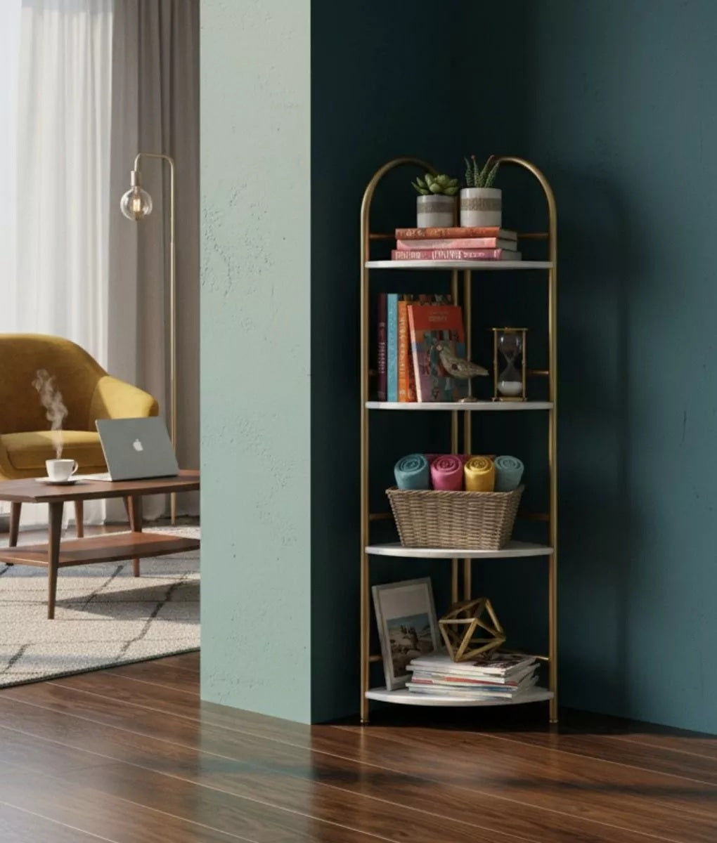 Raft decorativ de colt cu 4 rafturi - Design auriu cu efect marmura premium