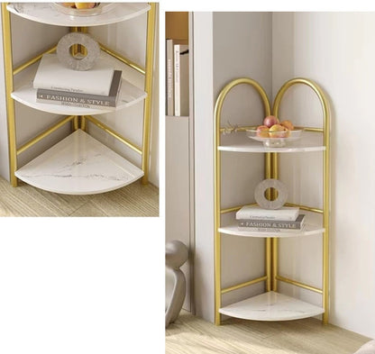 Raft decorativ de colt cu 3 nivele - Design auriu cu efect marmura pentru living si birou