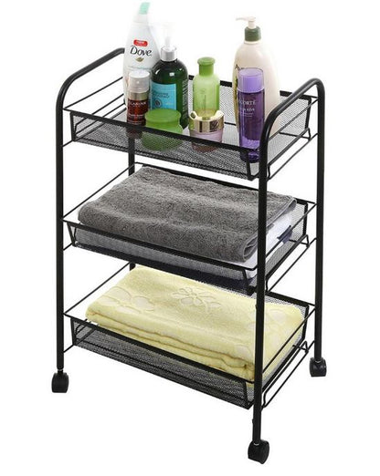 Raft metalic mobil cu roti, 3 rafturi, negru - Organizare multifonctionala