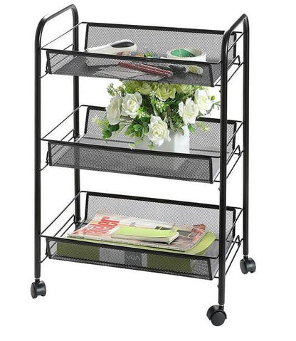 Raft metalic mobil cu roti, 3 rafturi, negru - Organizare multifonctionala