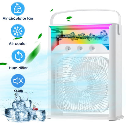 Ventilator portabil 3 in 1 cu pulverizare: racorire, umidificare si iluminare