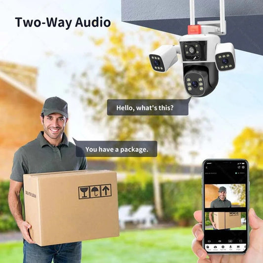 Camera de Supraveghere WIFI 5K, 12MP, 3 lentile, 3 ecrane, Control din telefon, Urmarire subiect, Microfon si difuzor incorporate