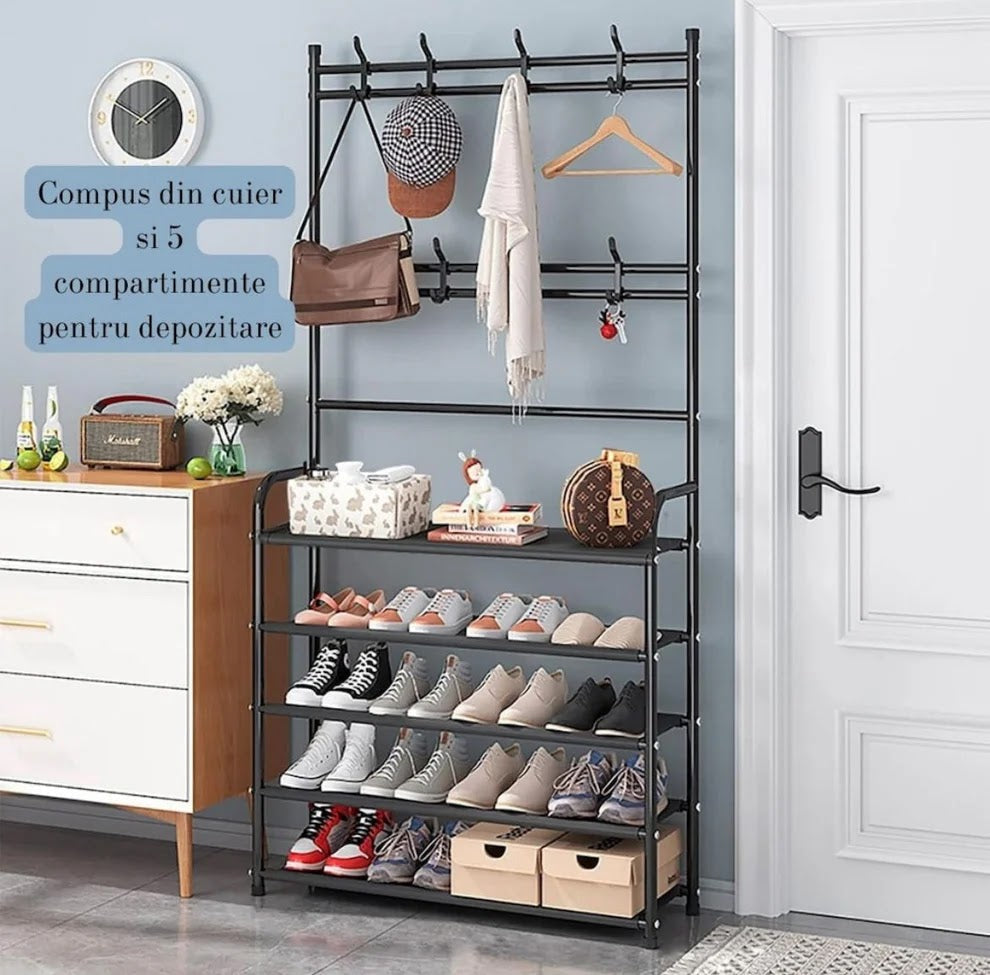 Cuier cu Pantofar Metalic 5 Rafturi, 60x26x170cm, 2 Bare Haine, Negru