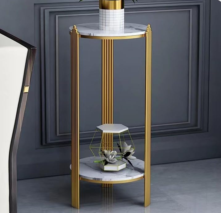 Masa Cafea Rotunda 2 Nivele - Design Modern cu Blat Marmorat si Cadru Metalic Auriu