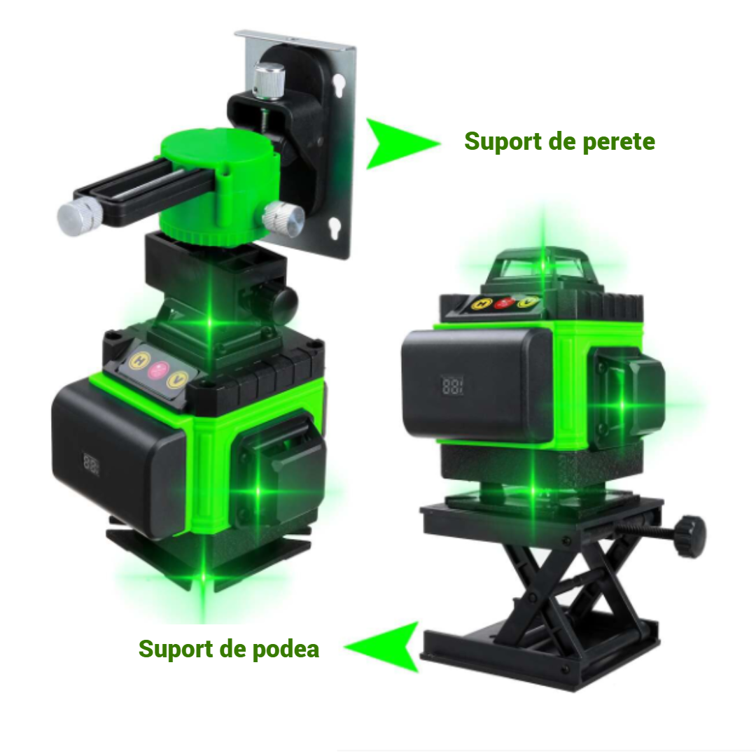 Nivela Laser 4D Verde Profesionala - 4 Fascicule 360°, Telecomanda, Baterii 4000mAh, Raza 25m, Autonivelare