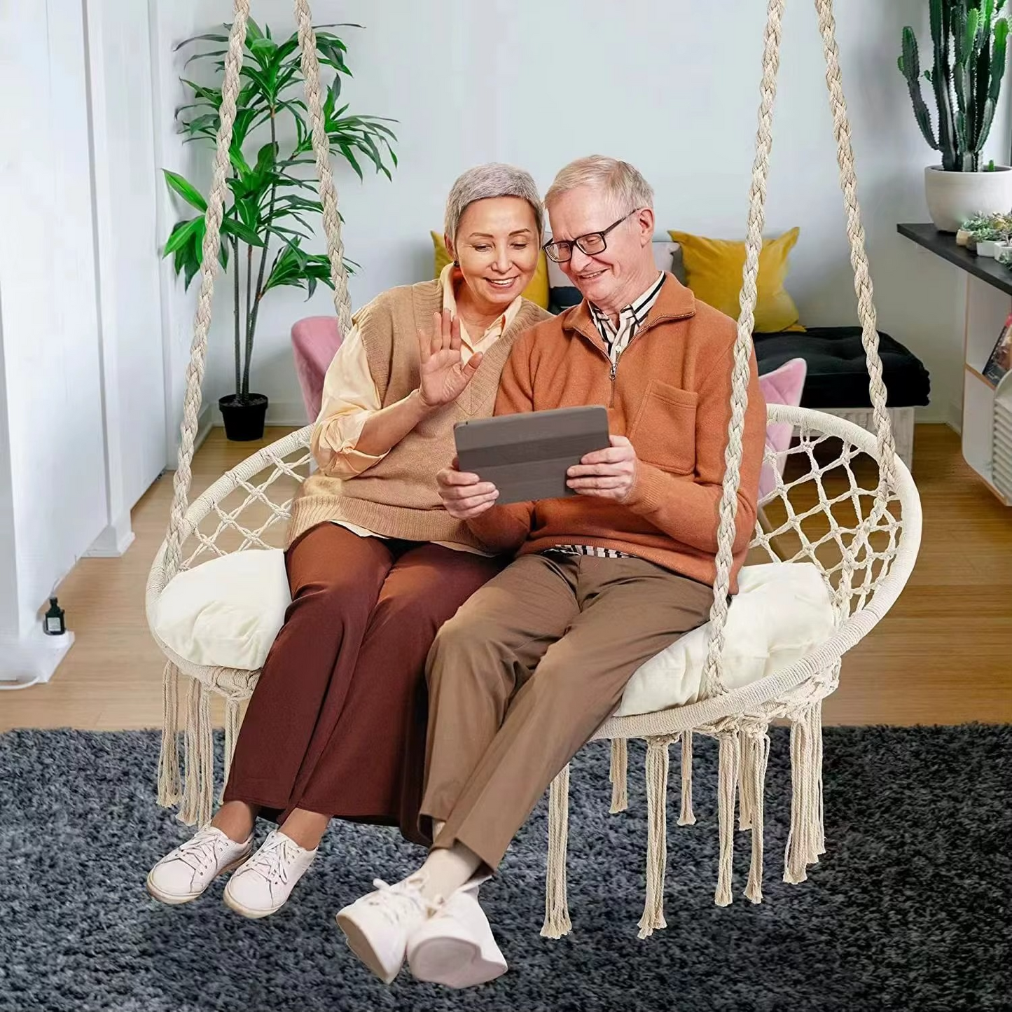 Leagan Suspendat Dublu cu Franjuri - Scaun Boho pentru Casa si Gradina 130x70cm