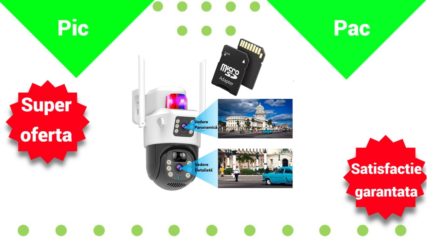Camera Supraveghere 4G cu Panou Solar si Lentila Duala - Card 32GB Inclus