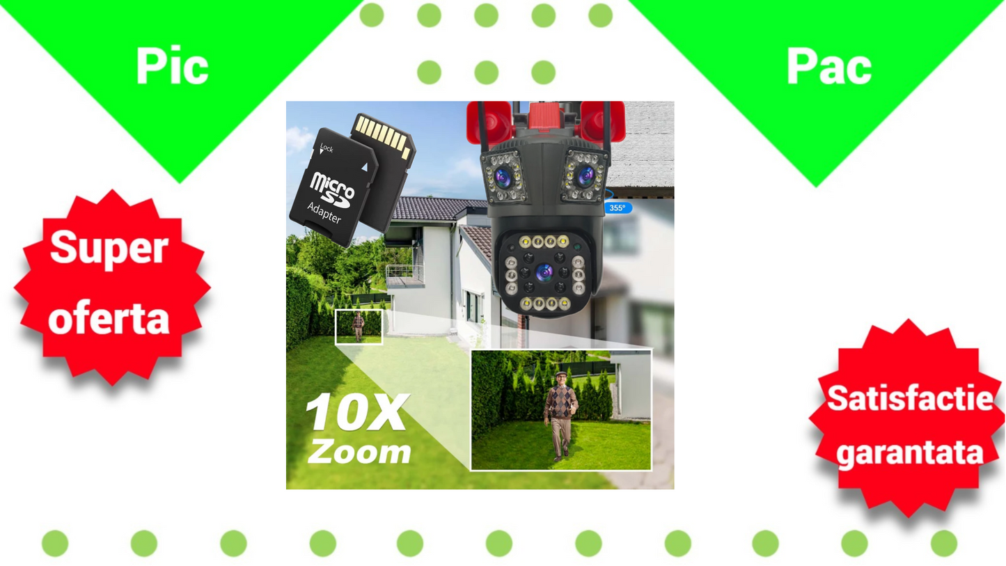 Camera de Supraveghere WiFi 12MP Ultra HD cu Zoom 5X, PTZ Rotire 360°, Vedere Nocturna si Card 32GB
