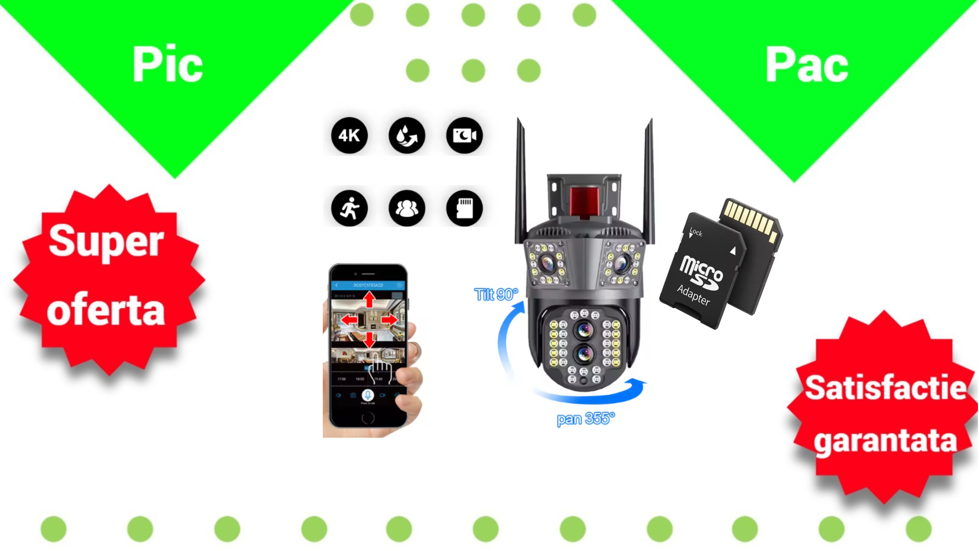 Camera Supraveghere WiFi 12MP Ultra HD cu Zoom 5X si Card 32GB - Pachet Complet Securitate