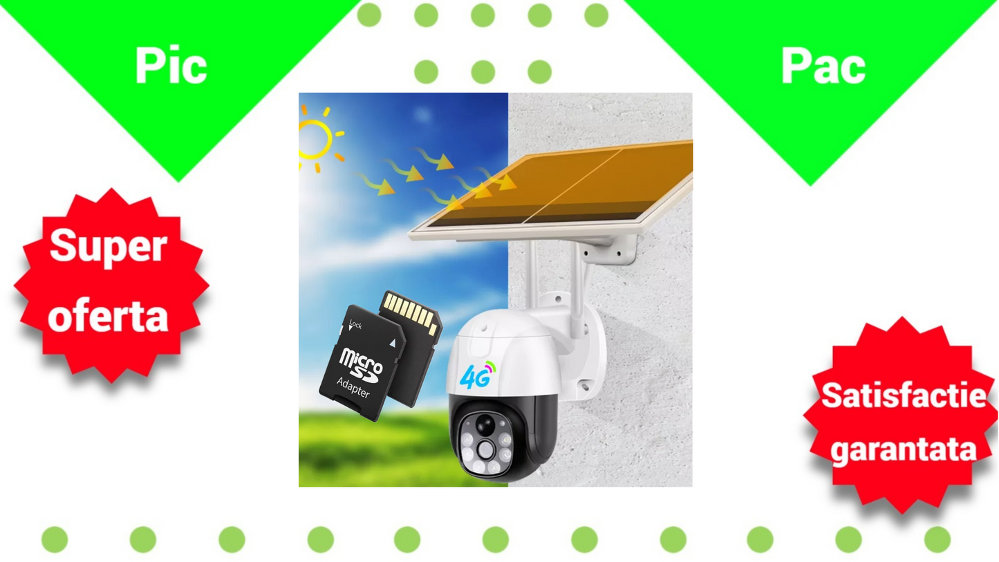 Camera Supraveghere Solara 4G - 5MP Full HD, Zoom 10X, Panou Solar 9W, Card 32GB Inclus