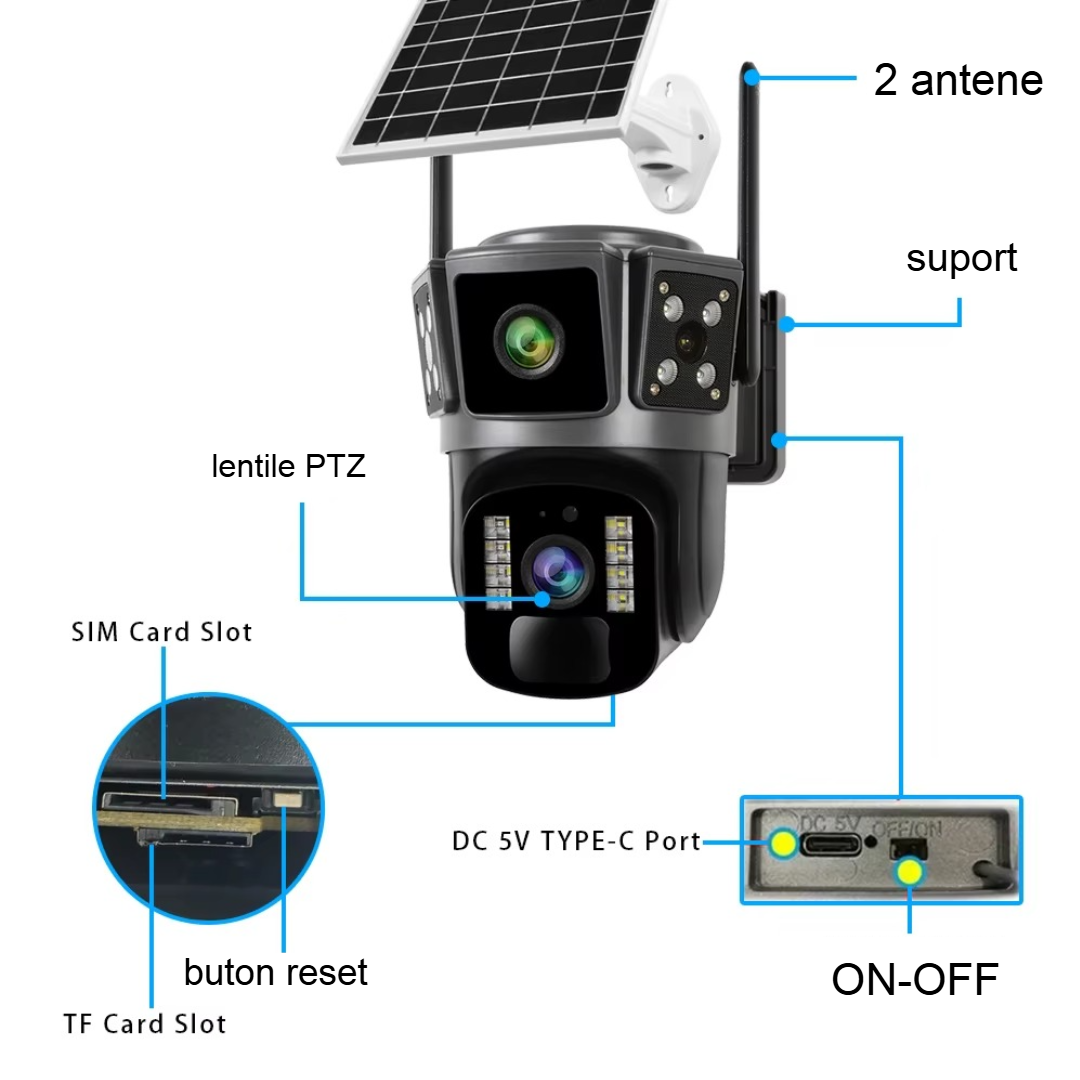 Camera de Supraveghere 4G cu Panou Solar - Dubla Lentila 360°, Full HD, Vedere Nocturna Color, Audio Bidiretional - 12