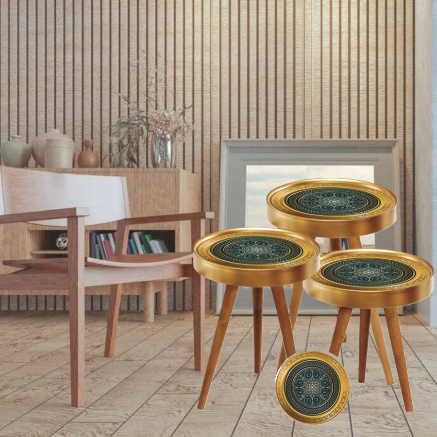 Set 3 Masute Cafea Design Mandala Auriu Verde - Picioare Lemn Marimi Diferite