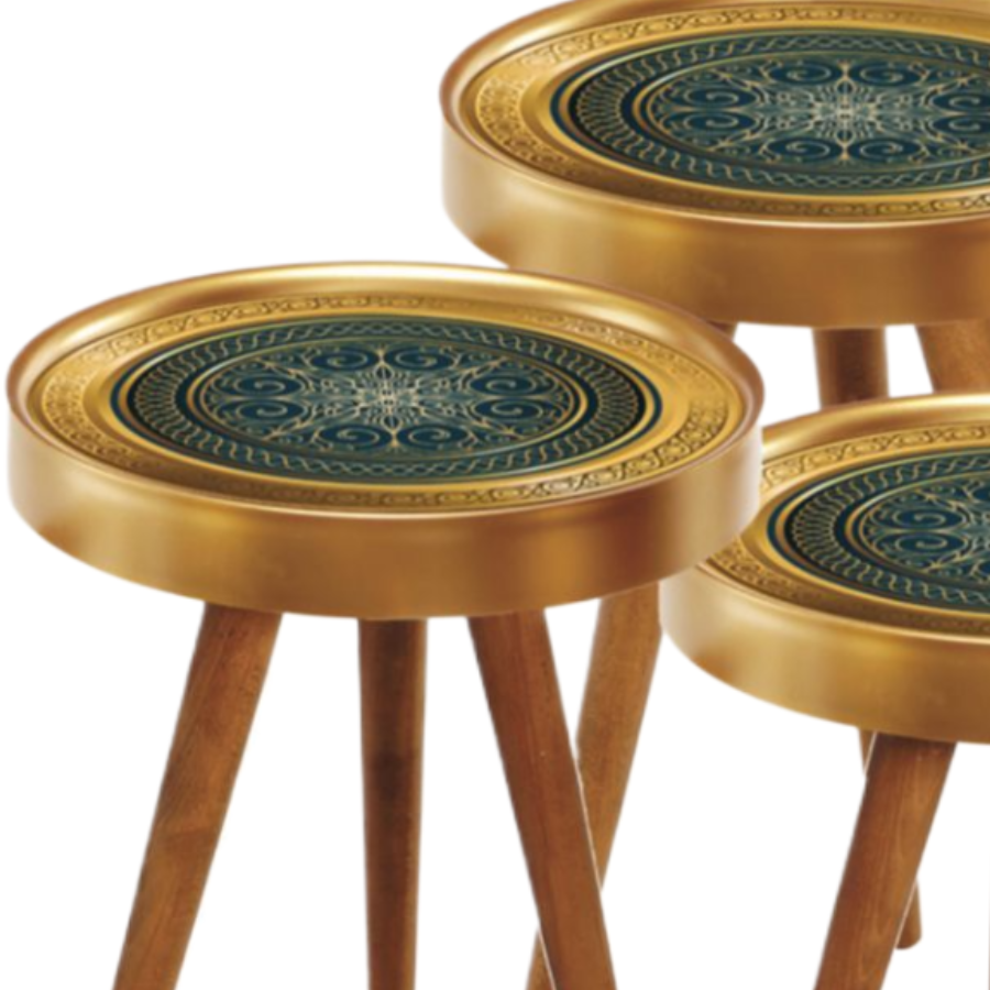 Set 3 Masute Cafea Design Mandala Auriu Verde - Picioare Lemn Marimi Diferite