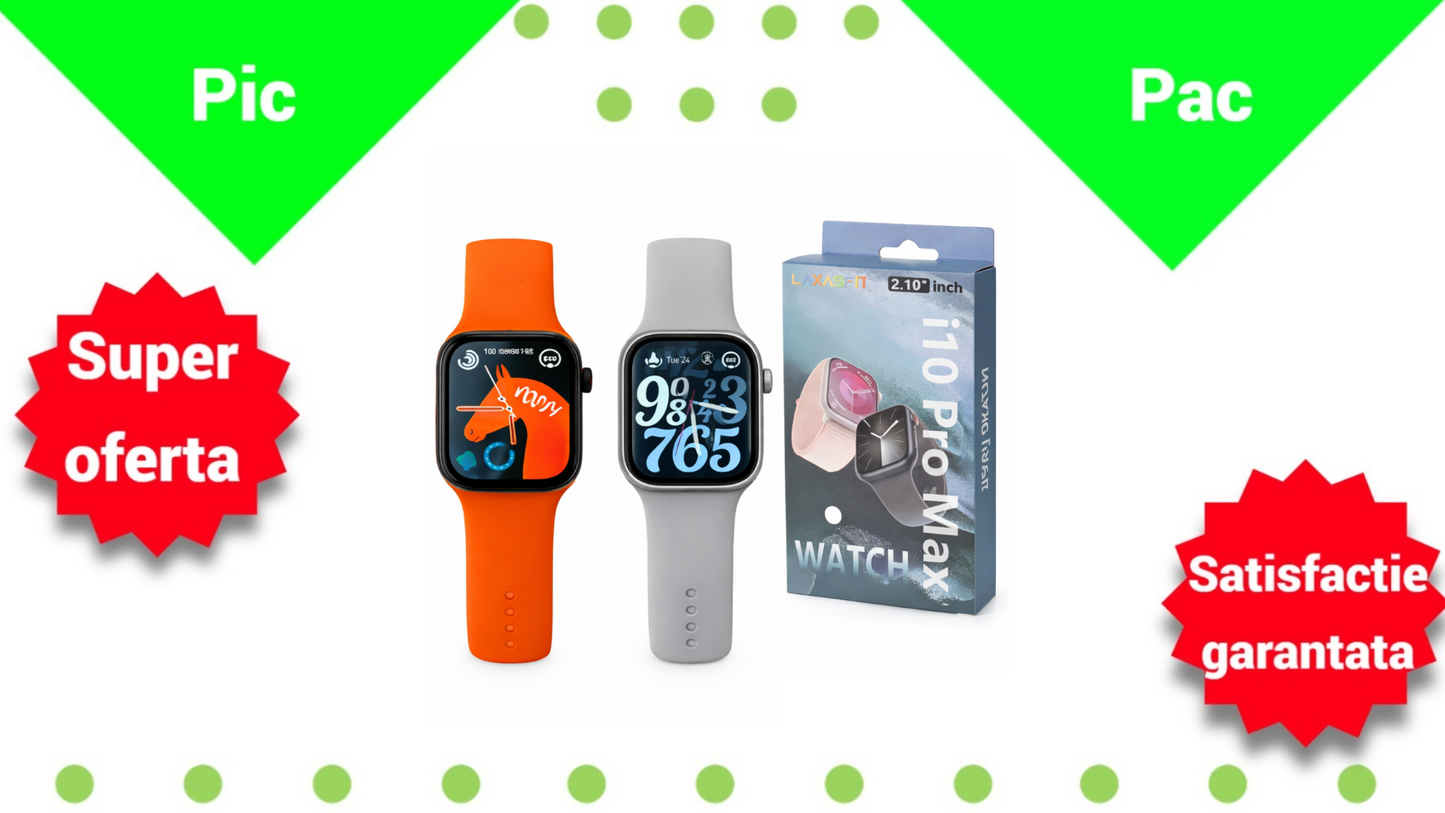 Pachet 1+1 Smartwatch I10 Pro Max - Ecran 2.19" HD, Apeluri Bluetooth, ECG, Monitorizare Completa Sanatate, IP67