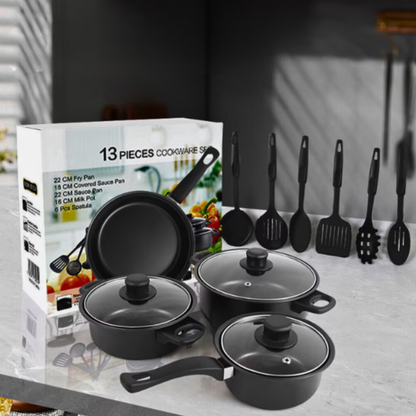 Set 13 Piese Vase Gatit Antiaderente Non-Stick - Oale, Tigai, Capace Sticla si Ustensile