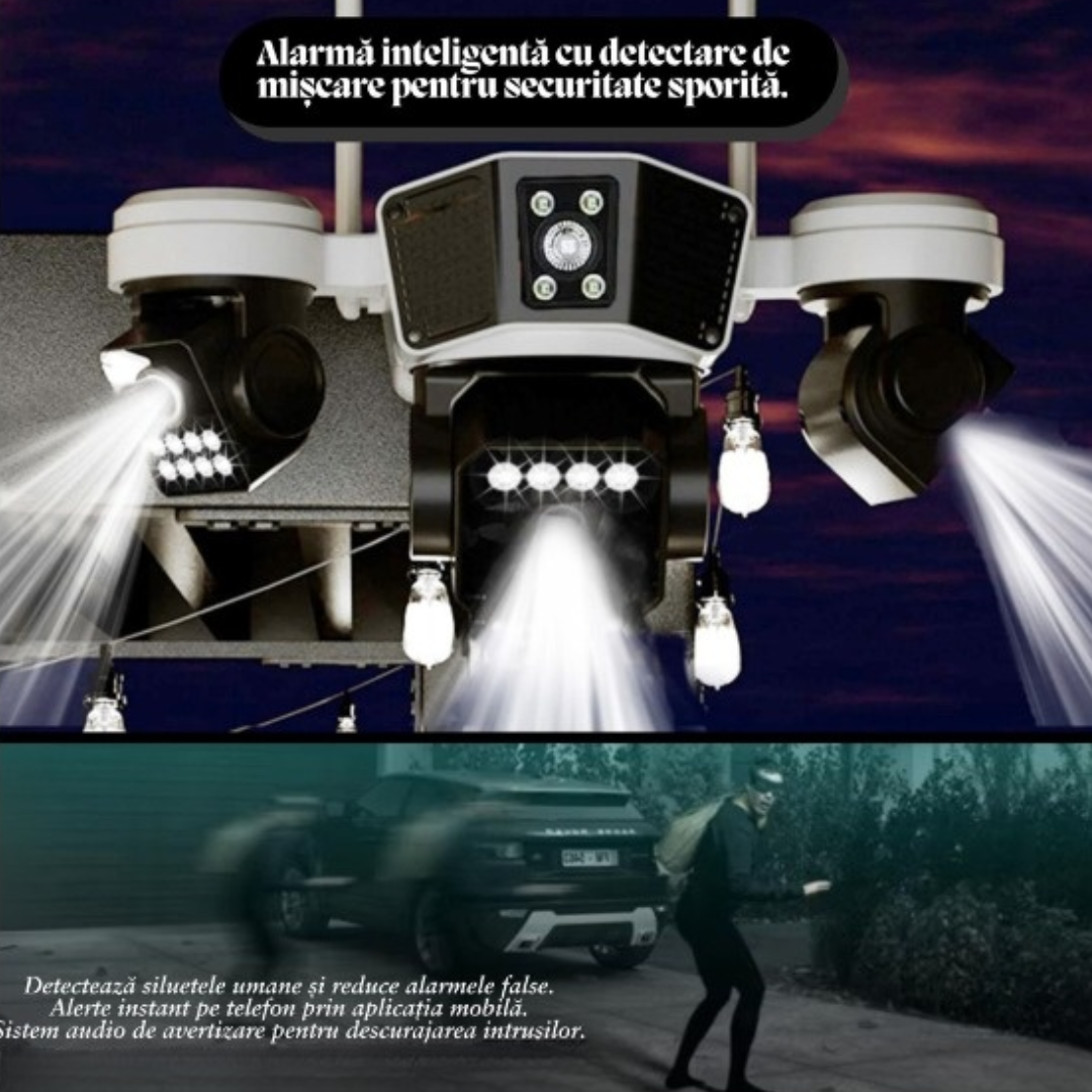 Camera Supraveghere Solara WIFI cu 3 Lentile, Rotire Automata, Urmarire Inteligenta, Night Vision Color,  Control Telefon V380 Pro