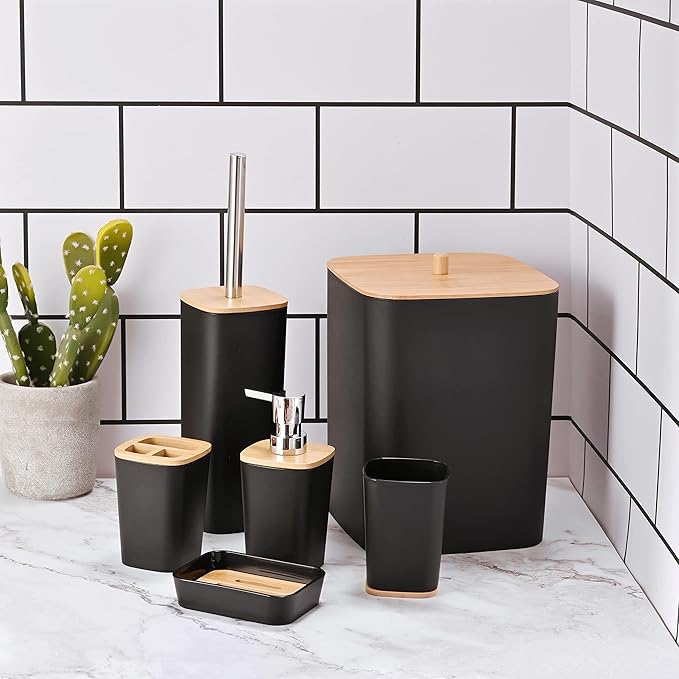 Set Accesorii Baie 6 Piese din Bambus, Cos Baie cu Capac, Perie Toaleta, Dozator Sapun, Suport Periute, Savoniera, Design Elegant si Modern, Alb si Negru