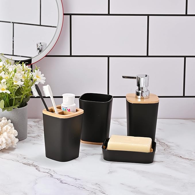 Set Accesorii Baie 6 Piese din Bambus, Cos Baie cu Capac, Perie Toaleta, Dozator Sapun, Suport Periute, Savoniera, Design Elegant si Modern, Alb si Negru
