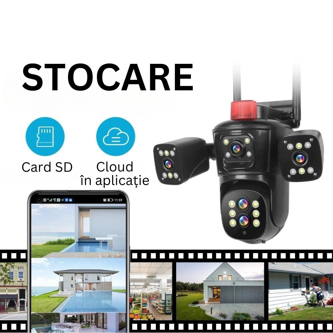 Camera de Supraveghere PTZ cu WiFi, Rezolutie 10K, 20MP, Zoom Optic 10X, 5 Lentile, Vizualizare pe 4 Ecrane, Night Vision Color, Comunicare Bidirectionala, Functie de  Urmarire Automata cu Identificarea tipului de miscare