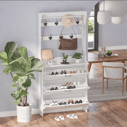 Set Mobilier Hol Alb, Pantofar Slim 3 Sertare și Cuier, Stil Scandinav, 85x24x208 cm