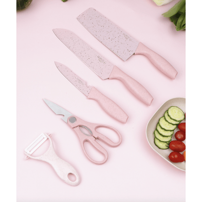 Set cuțite 6 piese – chef, pâine, satăr, decojit, foarfecă, fructe &amp; legume – aliaj 3Cr13, antiaderent, roz