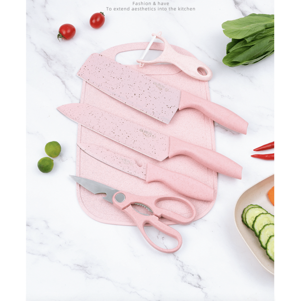 Set cuțite 6 piese – chef, pâine, satăr, decojit, foarfecă, fructe &amp; legume – aliaj 3Cr13, antiaderent, roz