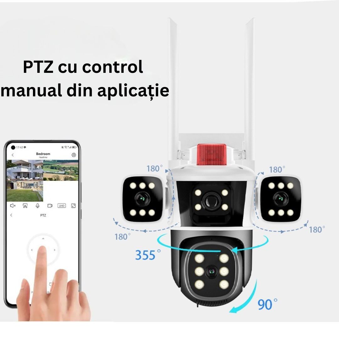 Camera de Supraveghere 6K, PTZ 12MP Ultra-HD, Zoom 10X, Vedere Nocturna Color, Detectare Miscare PIR, Microfon Bidirectional, Rezistenta la Apa IP66, Stocare Cloud sau Micro SD