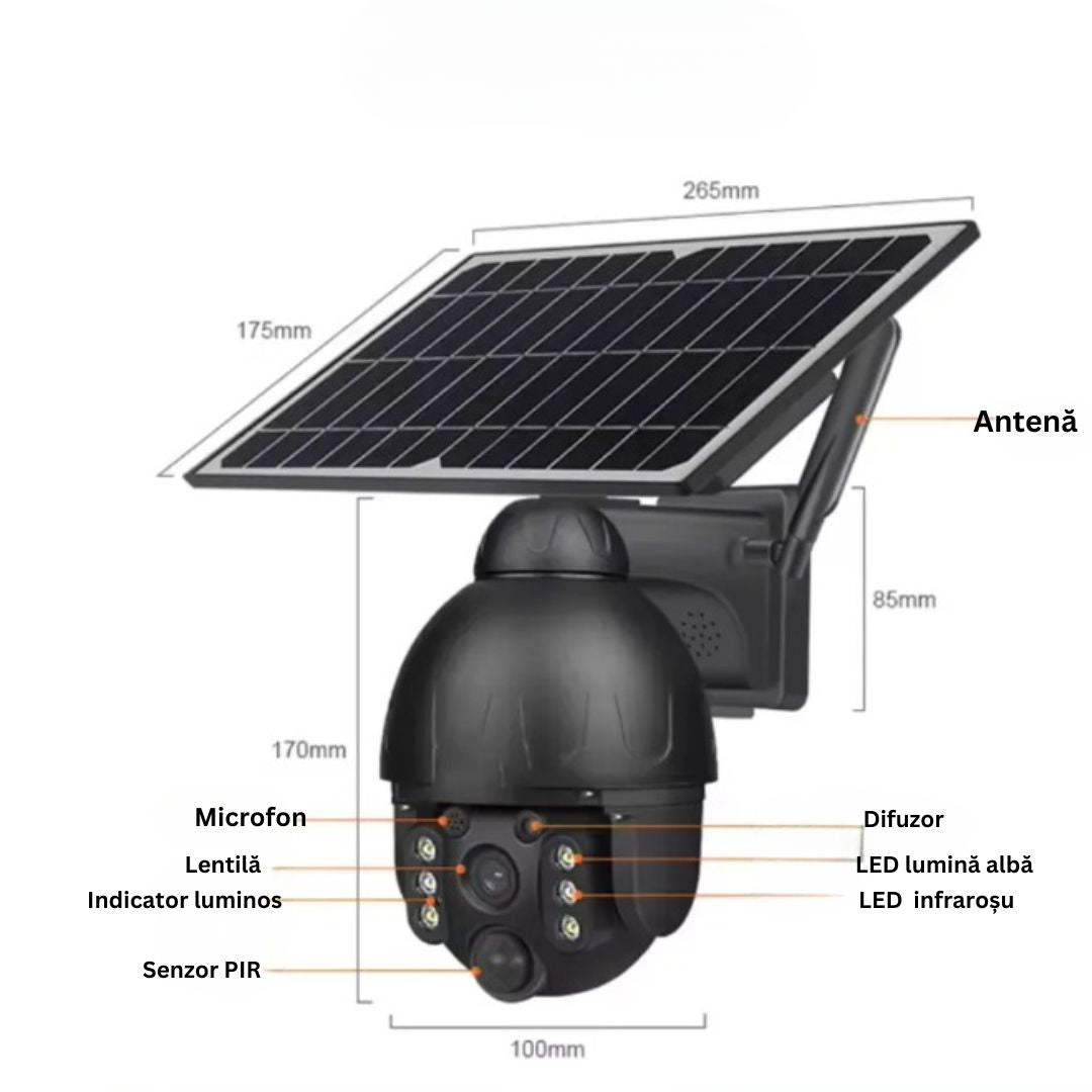 Camera de Supraveghere WiFi Exterior 4MP, Incarcare Solara, Night Vision, Rezistenta la Apa IP67, Detectare Miscare, Microfon si Difuzor Bidirectionale, Control Complet al Camerei prin Aplicatie