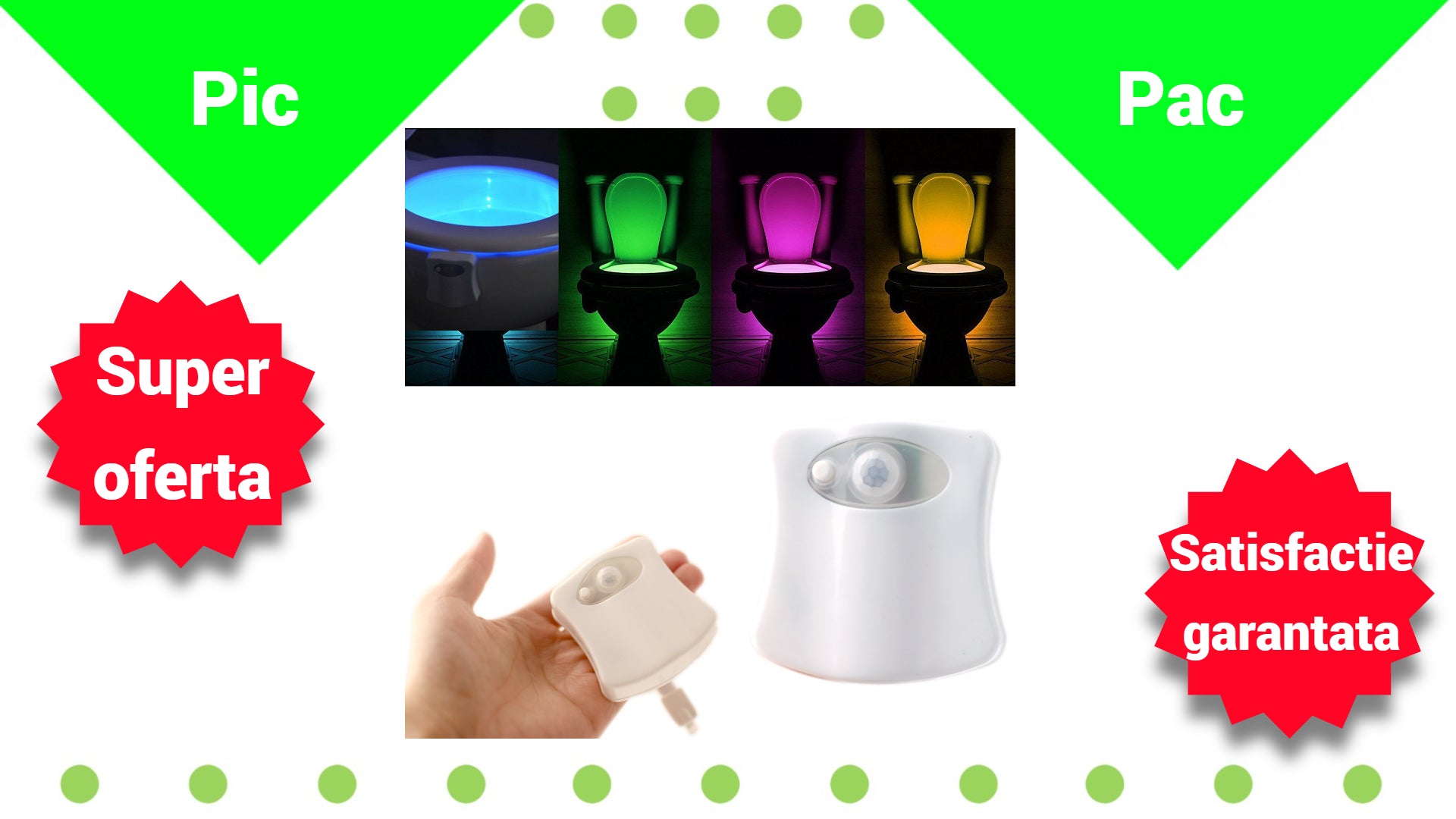 Lampa LED pentru toaleta cu senzor de miscare, 8 culori, rezistenta la apa
