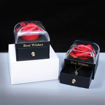 OFERTA PACHET TRANDAFIR ETERN ROSU + TRANDAFIR IN CUTIE DE BIJUTERII