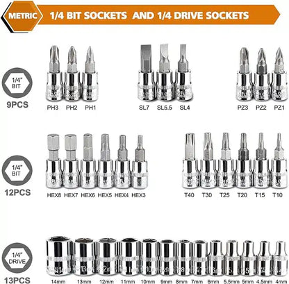 Trusa chei tubulare 1/4 46 piese, biti, torx, imbus, clichet, surubelnita si antrenor cu prelungitor si adaptor
