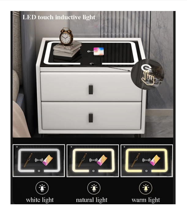 Noptiera inteligenta cu incarcare wireless, lumini LED reglabile, difuzore Bluetooth, 2 sertare de depozitare