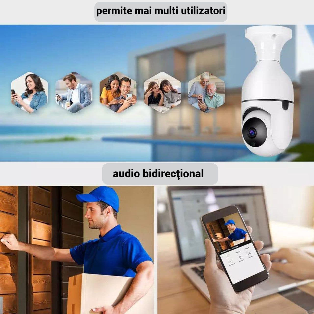 Camera de Supraveghere WiFi Tip Bec cu Rotire 355° Full HD - Senzor de Miscare PIR si Audio Bidirectional - 9