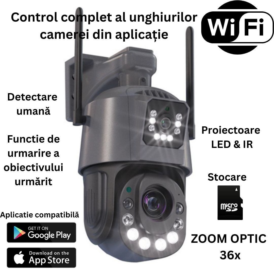 Camera de Supraveghere PTZ 6MP HD, Conexiune WiFi , Zoom Optic 36X, Night Vision 120m, Detectare Miscare Umana, Microfon si Difuzor Bidirectionale, Rezistenta la apa IP66