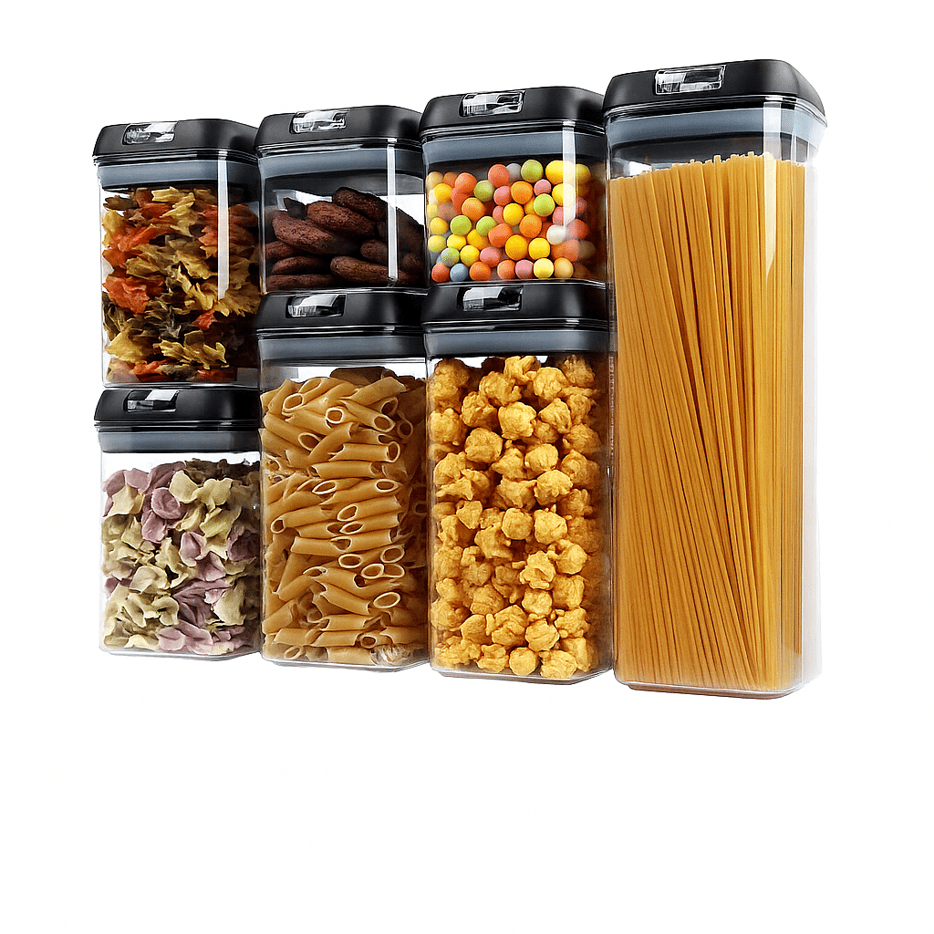 Cutii de depozitare alimente, Set din 7 Cutii pentru Condimente, Cereale, Cutii pentru Bucatarie, din Plastic PP, Cutii Alimentare, Diferite Dimensiuni, Transparente