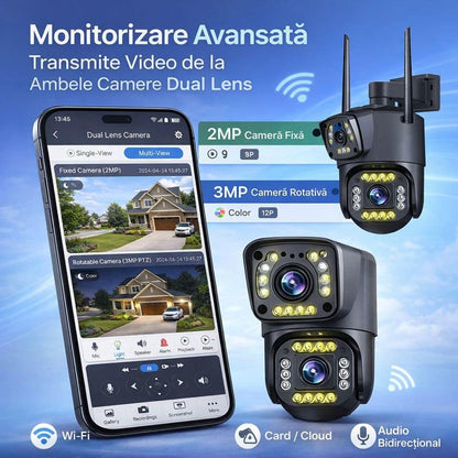 Cameră de supraveghere WiFi Dual Lens – Fixă + Rotativă, V380 Pro 5mp