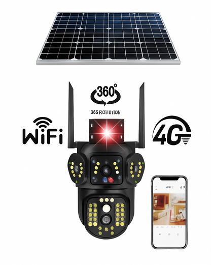 Camera de supraveghere cu panou solar 4G Cartela SIM, Wifi , Zoom 10X, 3 Ecrane, Rezolutie 4K, Detectie umana, Urmarire automata, IP66