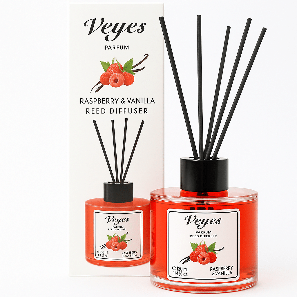 Odorizant cameră Veyes Raspberry &amp; Vanilla – 130 ml Difuzor cu bețișoare, aromă de zmeură și vanilie