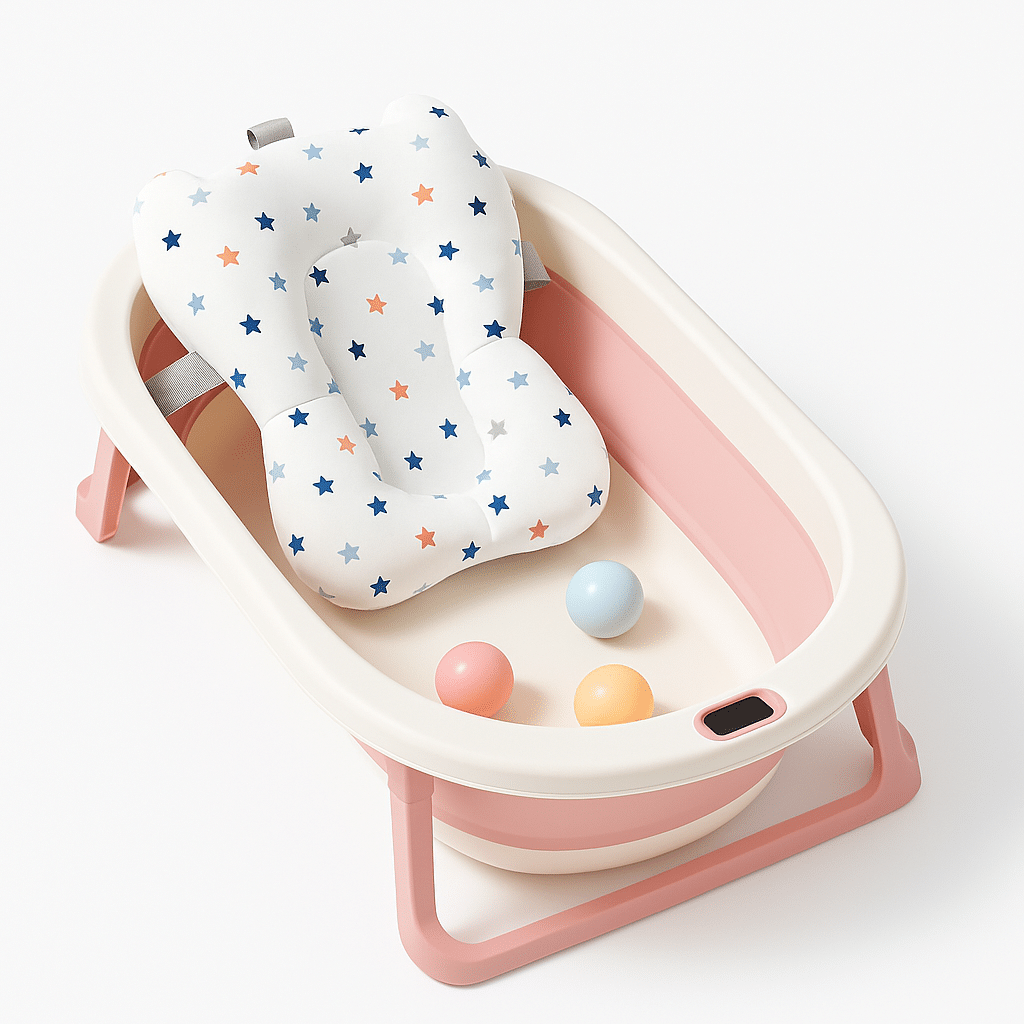 cadita cu pernuta pentru bebelusi termometru digital incorporat pliabila dop de scurgere picioare anti alunecare design ergonomic roz