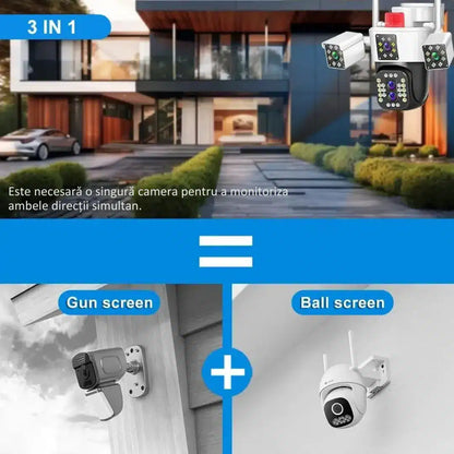 Camera de supraveghere WIFI 6K, 12MP, ZOOM 10X, 3 Camere, 1 Senzor, Control din aplicatie, Comunicare bidirectionala, Urmarire automata, Multi lens