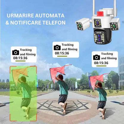 Camera de supraveghere WIFI 6K, 12MP, ZOOM 10X, 3 Camere, 1 Senzor, Control din aplicatie, Comunicare bidirectionala, Urmarire automata, Multi lens