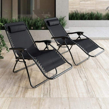set 2xScaune Tip Sezlong Pliabil Gravitatie Zero Pentru Terasa, Gradina Sau Plaja , Tetiera, Suport Bauturi, Reglabil, Negru