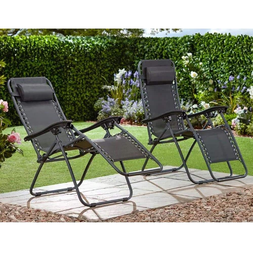 set 2xScaune Tip Sezlong Pliabil Gravitatie Zero Pentru Terasa, Gradina Sau Plaja , Tetiera, Suport Bauturi, Reglabil, Negru