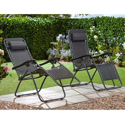 set 2xScaune Tip Sezlong Pliabil Gravitatie Zero Pentru Terasa, Gradina Sau Plaja , Tetiera, Suport Bauturi, Reglabil, Negru