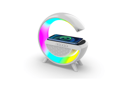 Lampa Smart LED RGB si Incarcator Wireless 15W, Lumini Ambientale, Sincronizare muzicala, Difuzor 5W, Muzica Bluetooth, USB, FM Radio, MicroSD, AUX, Afisaj Digital, Alarma, Alb