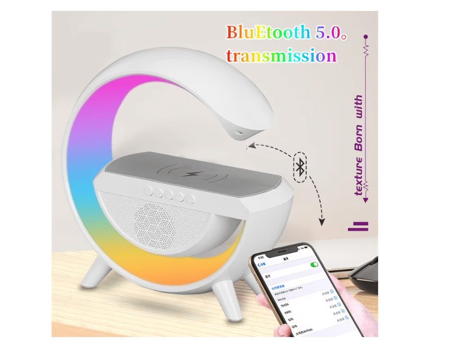 Lampa Smart LED RGB si Incarcator Wireless 15W, Lumini Ambientale, Sincronizare muzicala, Difuzor 5W, Muzica Bluetooth, USB, FM Radio, MicroSD, AUX, Afisaj Digital, Alarma, Alb
