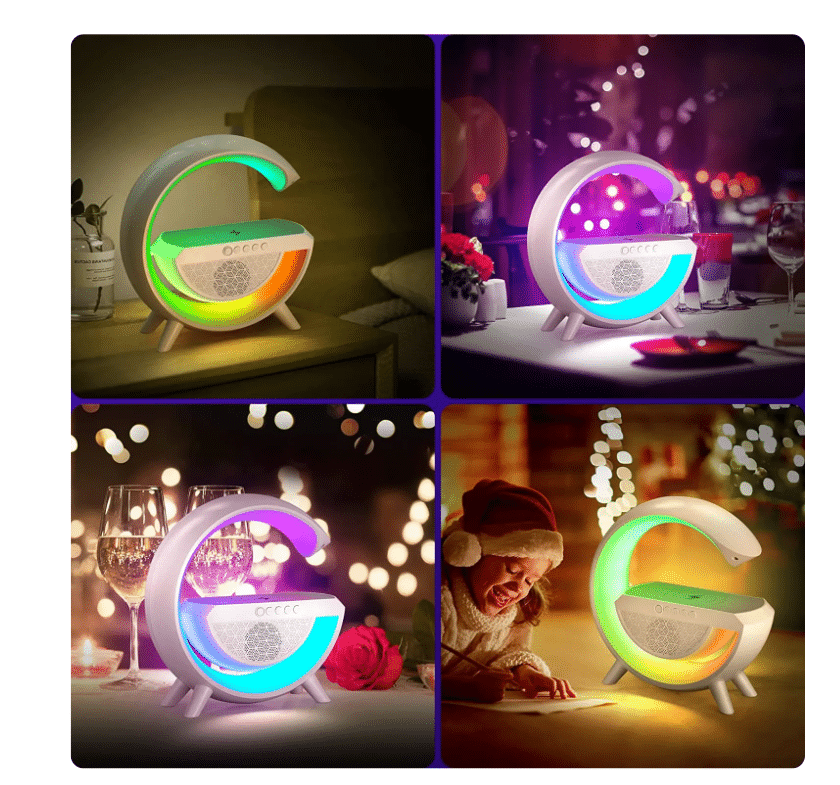Lampa Smart LED RGB si Incarcator Wireless 15W, Lumini Ambientale, Sincronizare muzicala, Difuzor 5W, Muzica Bluetooth, USB, FM Radio, MicroSD, AUX, Afisaj Digital, Alarma, Alb