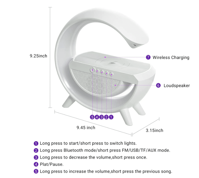 Lampa Smart LED RGB si Incarcator Wireless 15W, Lumini Ambientale, Sincronizare muzicala, Difuzor 5W, Muzica Bluetooth, USB, FM Radio, MicroSD, AUX, Afisaj Digital, Alarma, Alb